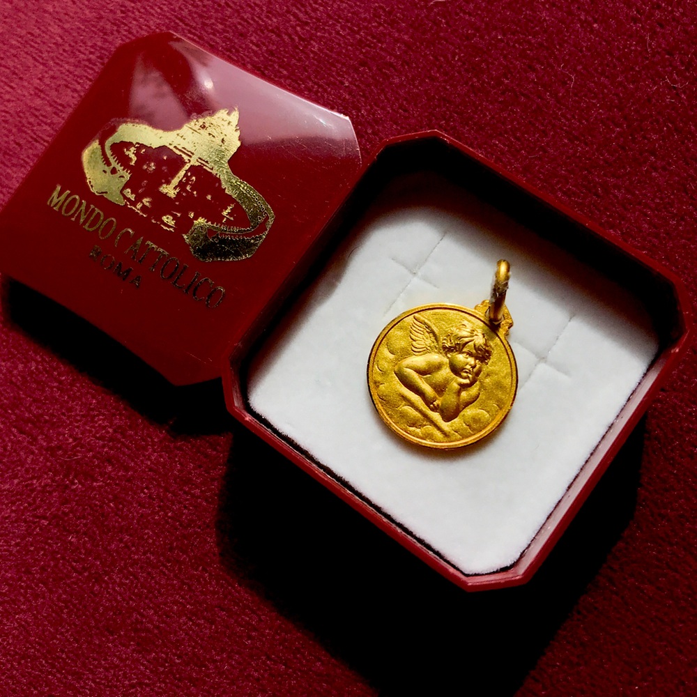 👼Guardian Angel gold-plated sterling silver medal charm from Rome